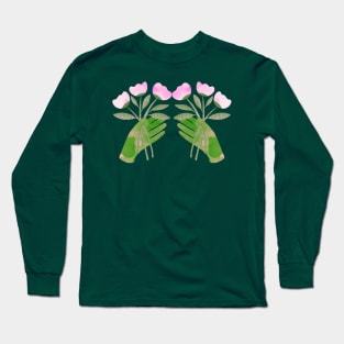 Green hands with pink flowers for you or someone you love on blue Long Sleeve T-Shirt